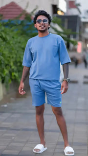 COLOURFUL COORD SETS TSHIRT AND SHORTS PETROL BLUE mens trending streetwear India 7Man